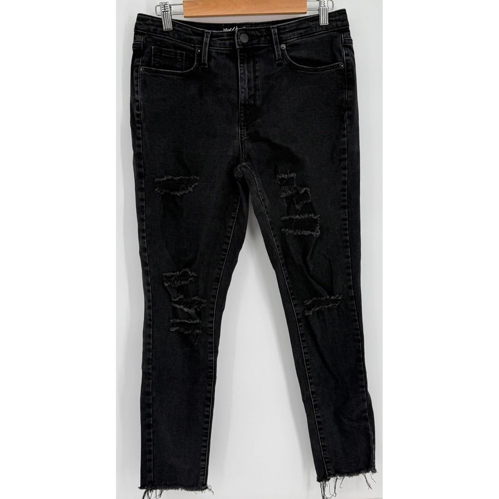 Mossimo Womens Power Stretch Skinny Jeans Black Distressed Raw Hem Sz 10/R‎